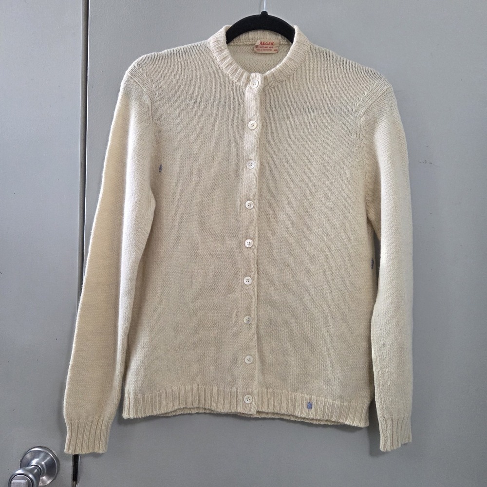 Mindfully Mended M/L 40 Vtg 60s 70s Jaeger Shetland Wool Cardigan Beige British